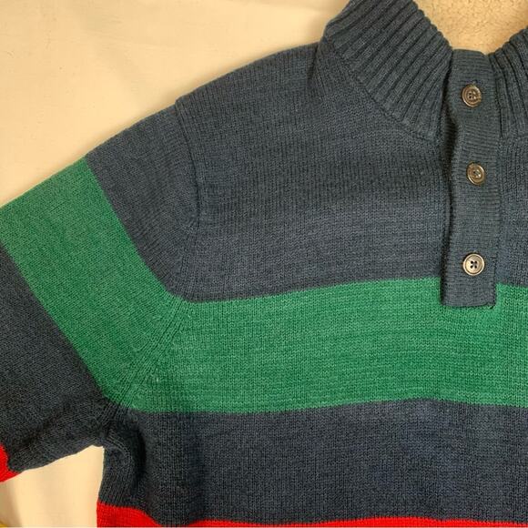Lands End Mens XL knit stripe retro sweater button neck polo blue color wool - Picture 5 of 10
